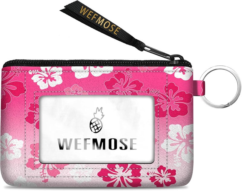 WEFMOSE Small Wallet Keychain with Clear ID Window Zipper Cute ID Case Coin Purse for Women Water Resistant Coin Pouch-Hawaiian Floral-Pink Keychain Wallet - Image 1